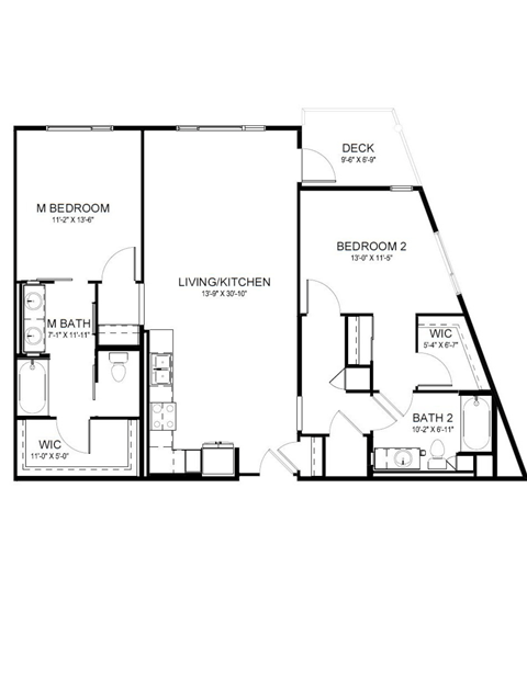 Floor plan for 2 beds, 2 baths, 1234 sqft